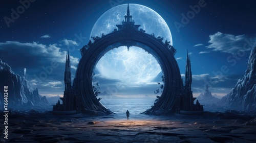 Majestic Celestial Portal Overlooking a Mystical Moonlit Landscape