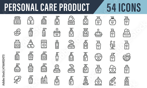 Set of 54 outline icons related to personal care products. Linear icon collection. Editable stroke. Vector illustration