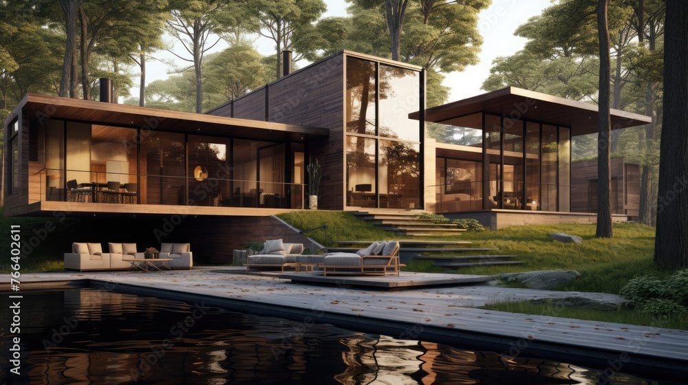 Modern home exterior with wooden architecture, surrounded by nature growth generated by artificial intelligence AI generated