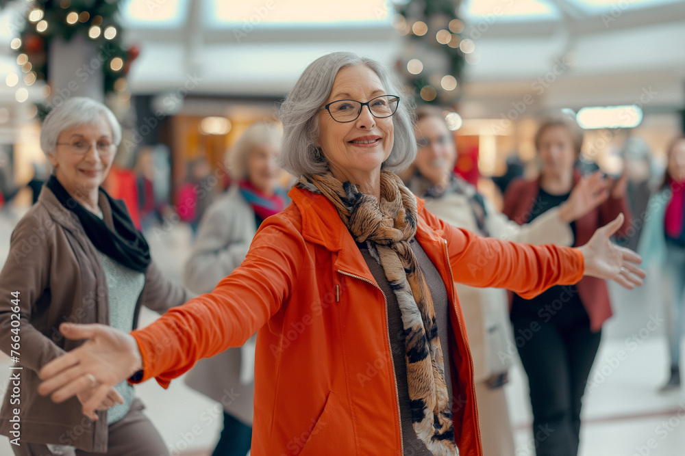 A group of senior women organizing a flash mob in a shopping center, showcasing fashionable outfits - obrazy, fototapety, plakaty 