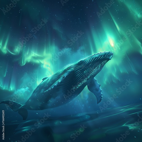 A magnificent whale swimming beneath the northern lights in a polar ocean setting.