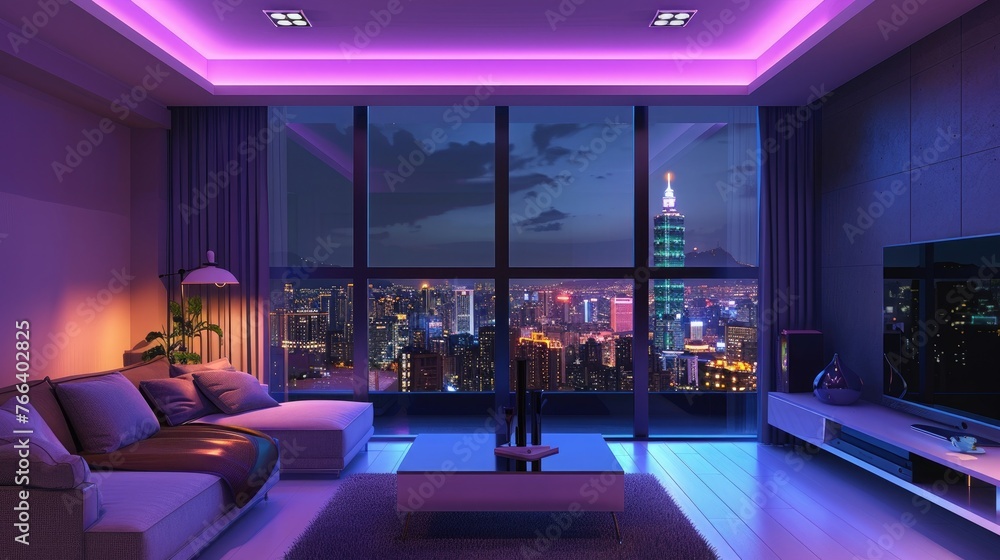 Naklejka premium Modern interior design of living room, Taiwan, Taipei city skyline, purple and blue high contras