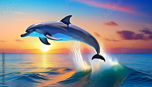 A graphic illustration of a dolphin swimming in the sea with a sunset in the background