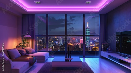 Modern interior design of living room, Taiwan, Taipei city skyline, purple and blue high contras photo