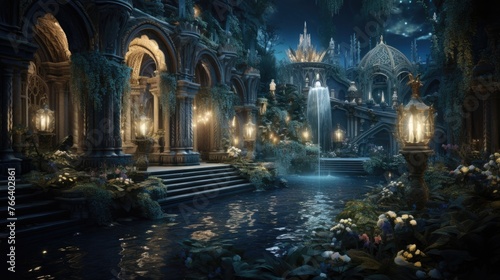 Mystical and Luxurious Architectural Wonderland with Captivating Fountain and Lush Foliage at Night