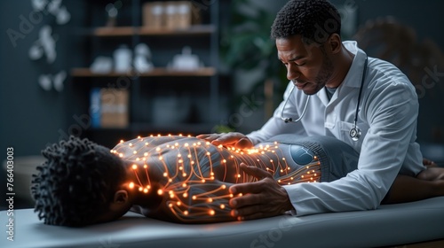 man physiotherapist performing a back massage on a patient lying on a massage table face down. Visible neural pathways connecting them symbolize their nervous systems interacting, highlighting the the photo