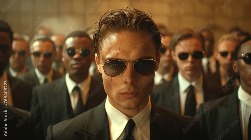 A group of Agents with matching suits and sunglasses face aggressively towards camera, each agent coming from a different side of the frame A group of Agents with matching suits and sunglasses face aggressively towards camera, each agent coming from a different side of the frame