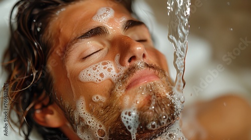 man in spa having a Facial Cleansing photo