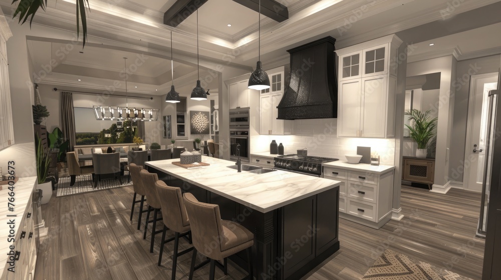 New luxury model home with huge kitchen and seating area.