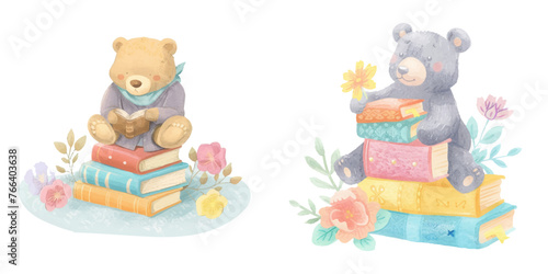 cute bear with color books watercolour vector illustration