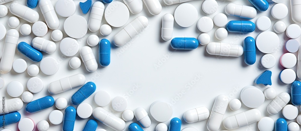 A pile of electric blue and white pills forms a stunning contrast on the white surface, resembling a piece of unique body jewelry at a special event