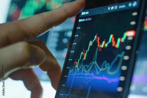 A trader or a financial analyst holding phone and looking at finance market graph. Stock market trading, virtual cryptocurrency and investment concept.