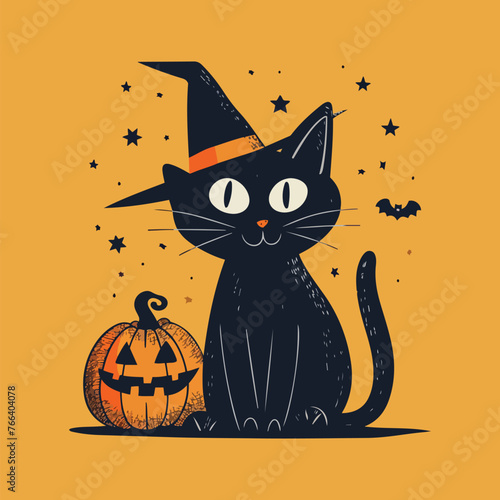 a black cat with a witch hat and a pumpkin.