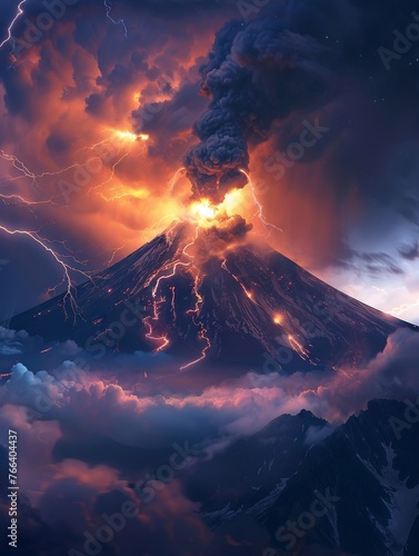 Realistic picture of Mount Fuji erupting with lightning coming out of the ash cloud