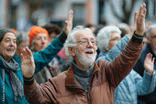Elderly people participate in a flash mob organized on social networks