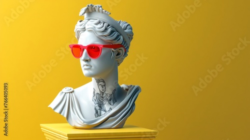 3D printed portrait of a Greek statue wearing red sunglasses and neck tattoos, on a yellow background