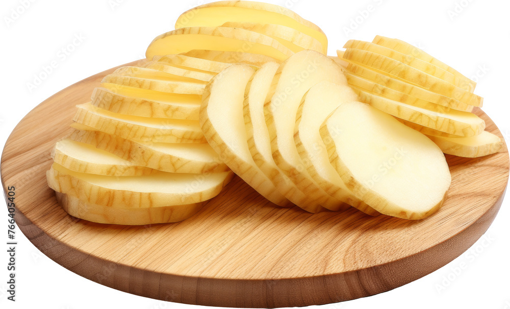 potatoes sliced on wooden board isolated on white or transparent background,transparency  