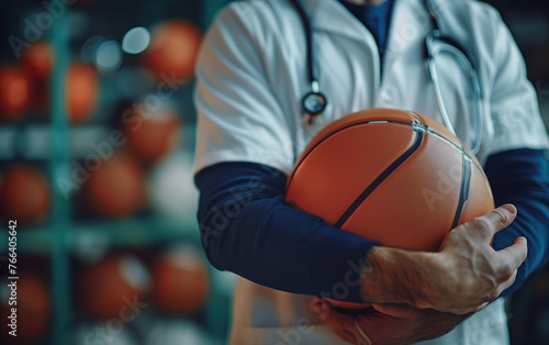 Sports doctor holding basketball,created with Generative AI tecnology.