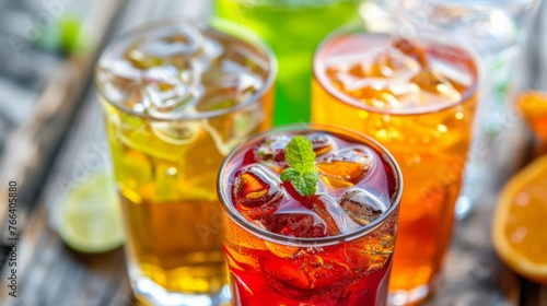 Assorted Cold Drinks With Ice and Garnishes on Wooden Table