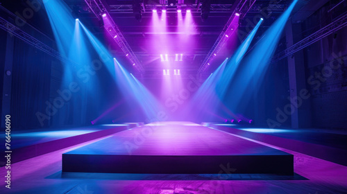 Empty stage or scene with pink and purpleblue spotlights and smoke effect as wallpaper background illustration