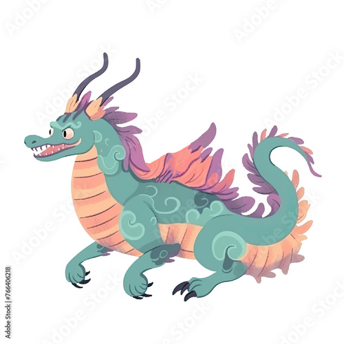 An illustration of a dragon with long horns seen from the side