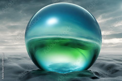 Blue Green Glass Orb on surreal atmosphere