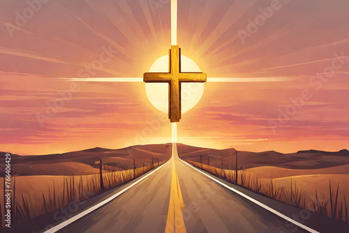An illustration featuring a large golden cross on a long road at sunset