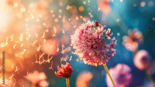 pink dandelion blooming, pollen scattering in the light, allergens