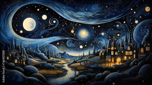 Magical Starlit Landscape with Glowing Cityscape and Ethereal Celestial Pattern