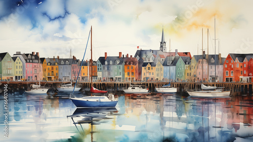 Watercolor artwork showcases sailboats on calm waters amidst vibrant town with quaint architecture.