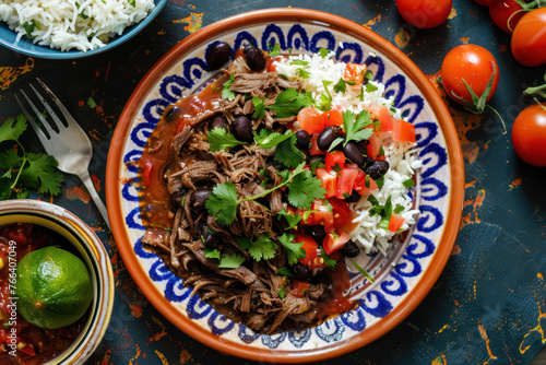 colorful plate of cuban ropa vieja with rice and black beans photo