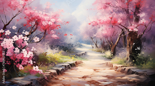 Misty forest with ethereal cherry blossoms portrayed in enchanting watercolor illustration.