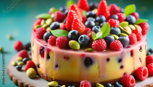 A close-up of a slice of raspberry cake with fresh berries and sauce on top, set against a vintage background