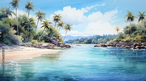 A serene beach in a watercolor depiction  featuring a palm-lined shore  golden skies  and gentle waves  evoking the charm of a coastal landscape.