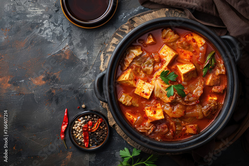 overhead view of kimchi jjigae hot stew with tofu and vegetables photo