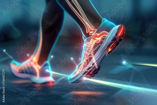 3D illustration of a human's lower body skeletal and muscular systems highlighted while running photo