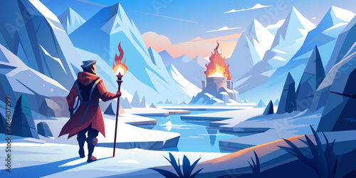 Alone wanderer seeks the fabled flame that can thaw the frozen land, Fantasy Snow Land