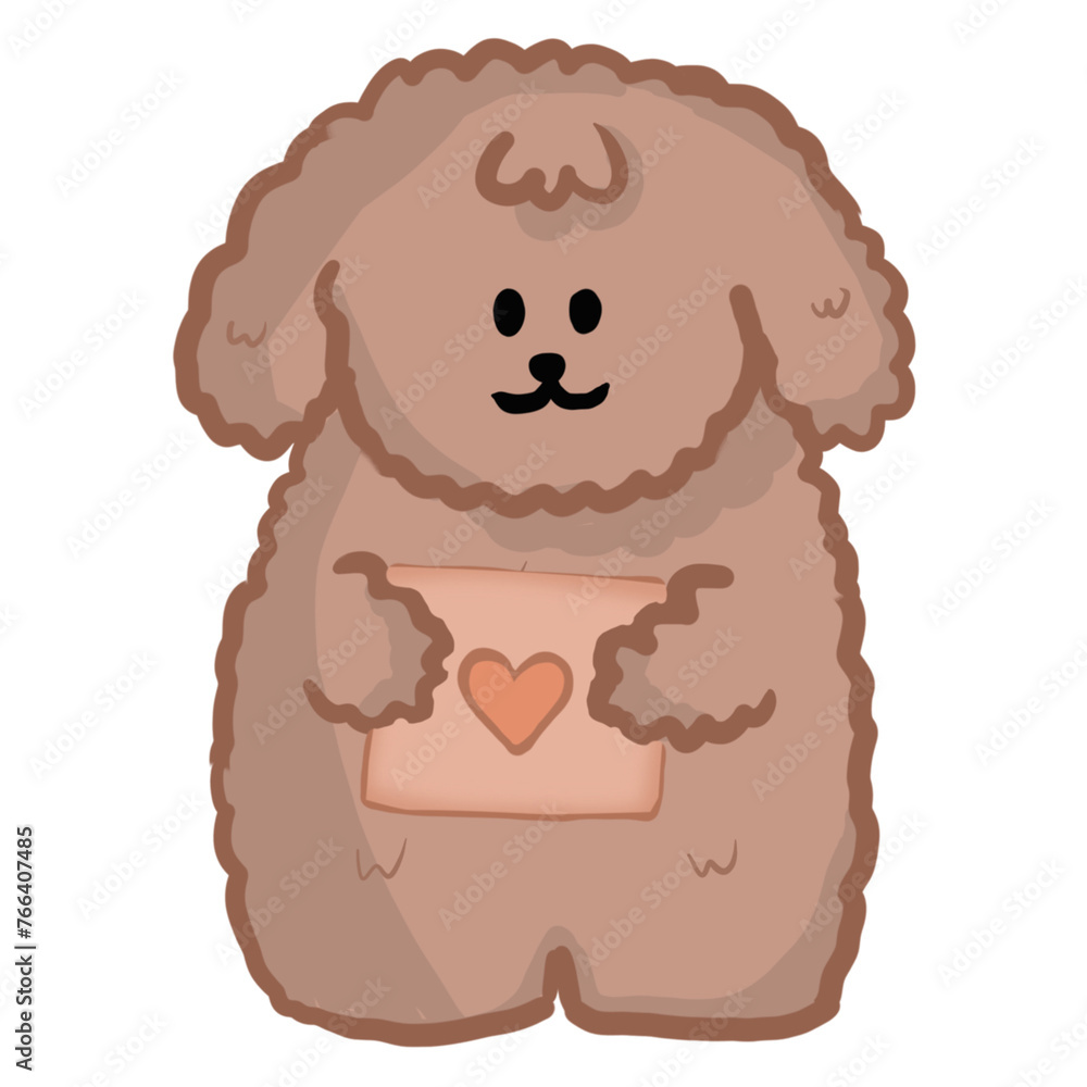 Obraz premium Hand-drawn brown dog with loves, gift box, and hand lettering. Concept of valentine's day, romance, gifts, love, romantic surprise, adventures.