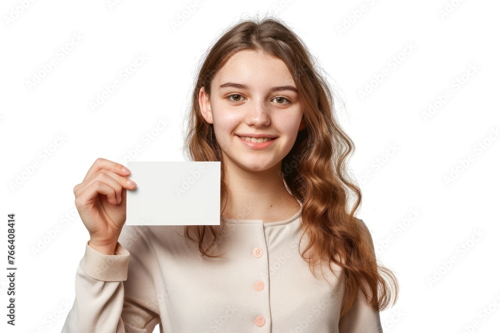 A young woman holding a blank business card Isolated on white background A young woman holding a blank business card Isolated on white background