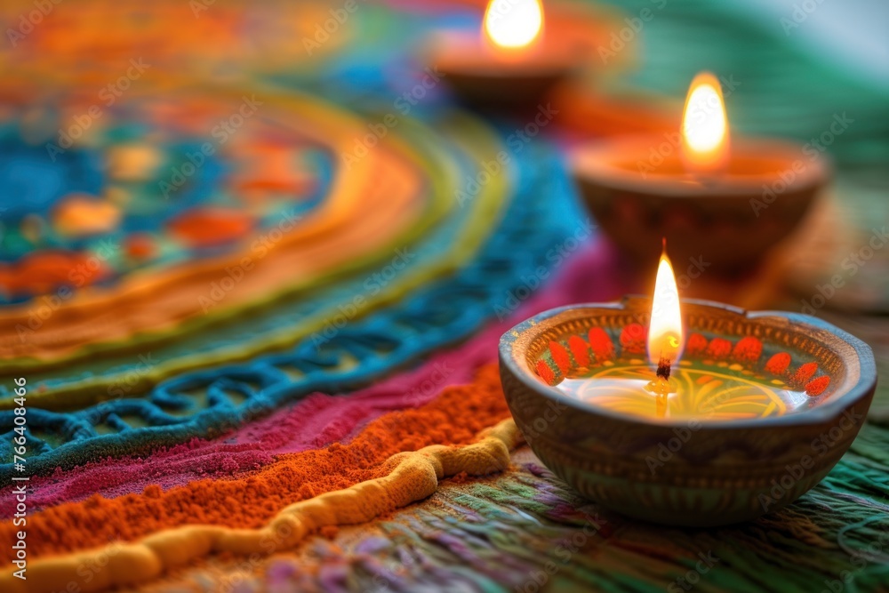 abstract setting with vibrant Diwali rangolis and oil lamps abstract setting with vibrant Diwali rangolis and oil lamps