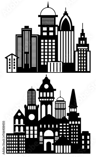 Landscape set of buildings silhouetted on white background.