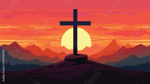 Wooden Cross at Sunset flat vector isolated on white