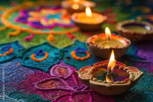 abstract setting with vibrant Diwali rangolis and oil lamps