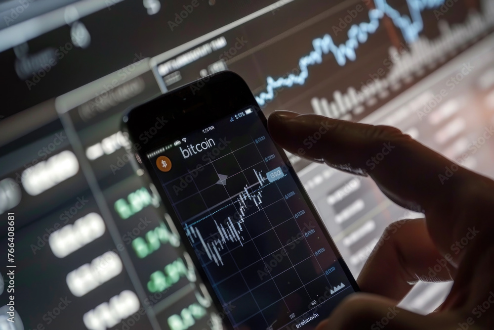Fototapeta premium A trader or a financial analyst holding phone and looking at finance market graph. Stock market trading, virtual cryptocurrency and investment concept.