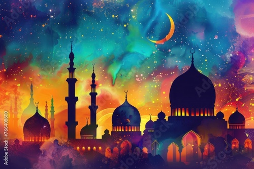vibrant Ramadan crescent moons and mosques