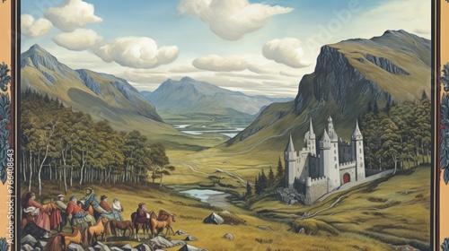 A painting of a castle and a valley with a group of people riding horses. The mood of the painting is peaceful and serene