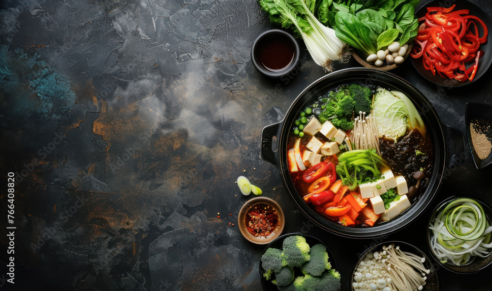 savory asian hot pot nabe with an assortment of vegetables and tofu - obrazy, fototapety, plakaty 