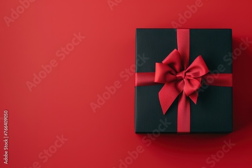 Black gift box decorated with red ribbon on red background © Igor