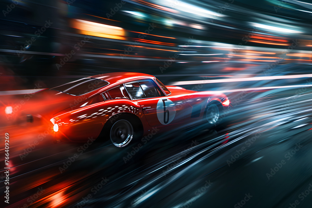 Sport car in high speed blur art photography, a slow motion camera art photography of a racing car on blurred background. A speedy car illustration for a poster and music album.