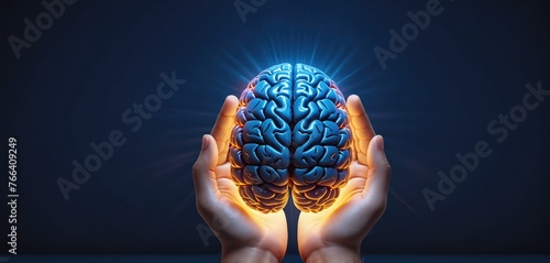 Colorful and illustrative depiction of a human brain hovering or being held above a human hand photo